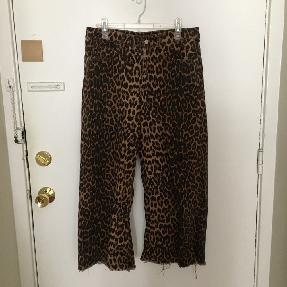 Zara Cropped High-waist Wide-leg Leopard-print Jeans